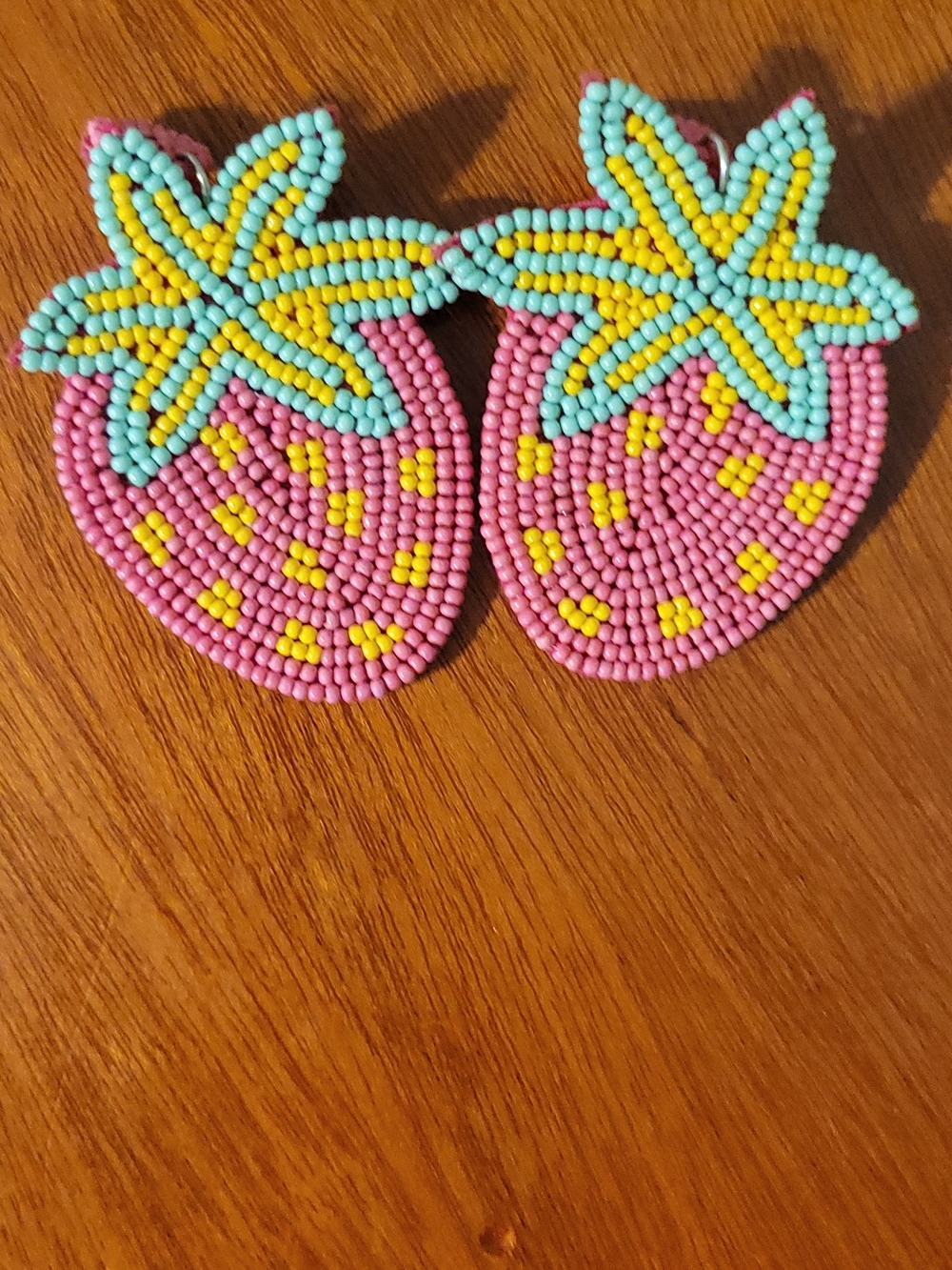Beaded Strawberry Earrings in Pink, Turquoise & Yellow
